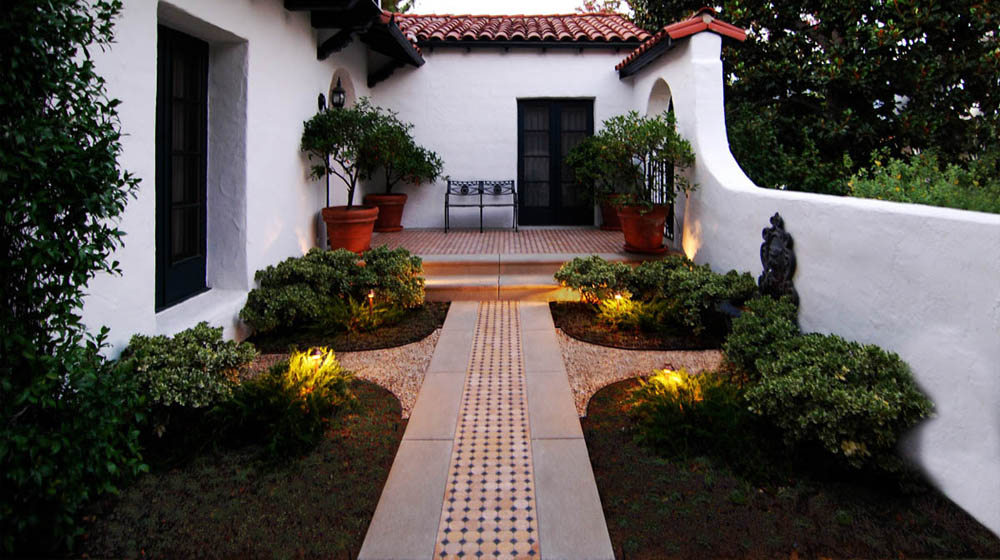 Spanish style entry garden.