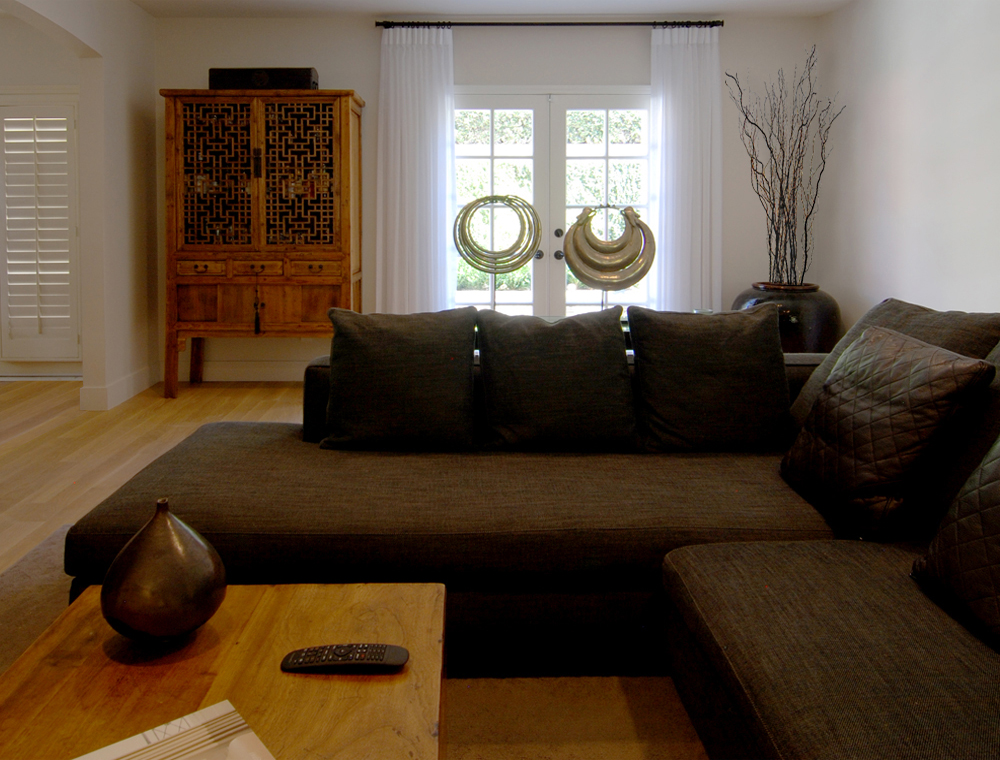 Family room with antique chinese cabinet. 