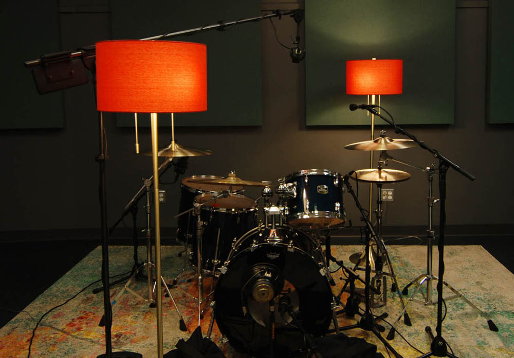 Brass floor lamps with corral shades. This is a great contrast with the dark blue/green walls.