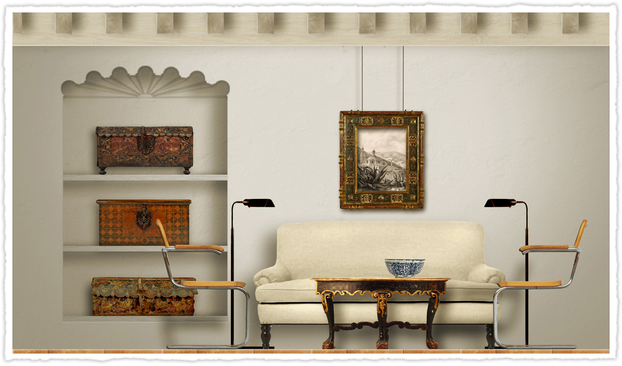 Conch shell motif shelves area shown with Spanish chests. Spanish and modern furniture are shown together.